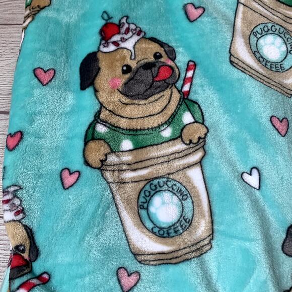 Pickle & Dot Mint Green Pug Dog Throw Blanket Cappuccino Coffee Cup Plush 60x70" - Picture 7 of 16